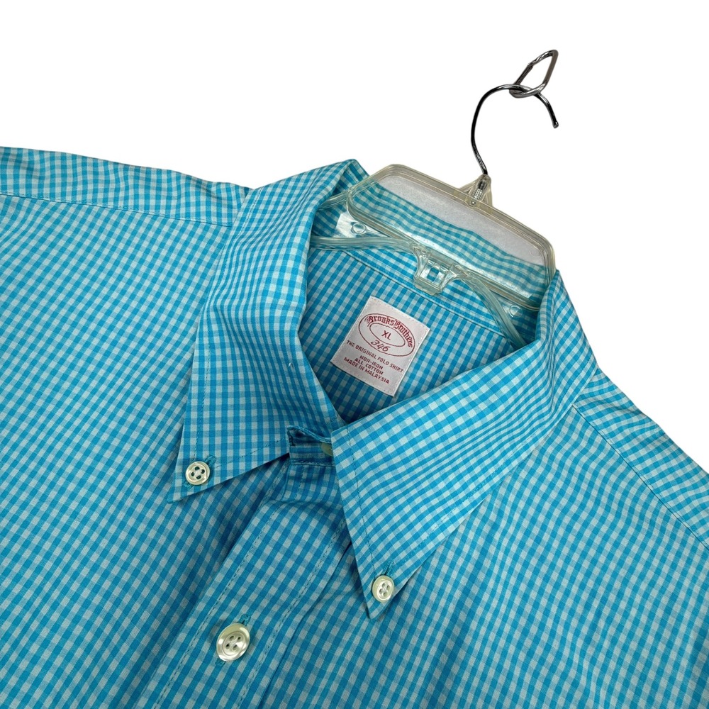 Brooks Brothers 346 Polo Shirt Mens XL Blue Gingham Non-Iron Short Sleeve Button